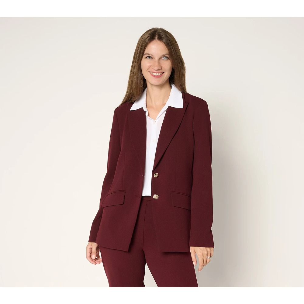 Dennis Basco Regular Luxe Crepe Blazer in Printe & Solide Deep Wine,2X {#374-K